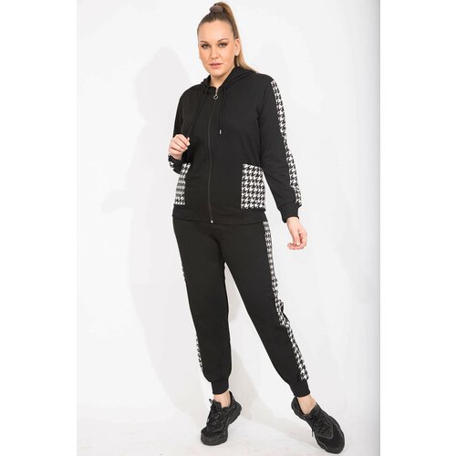 Şans Women's Plus Size Black Houndstooth Garnish Sweatshirt Trousers Double Suit Slike