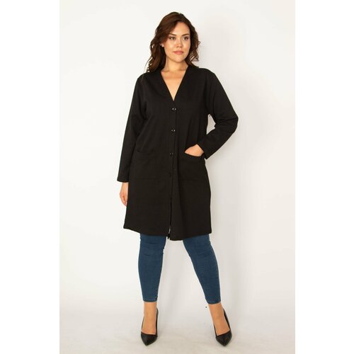 Şans Women's Plus Size Black Front Buttoned Unlined Pocket Jacket Slike