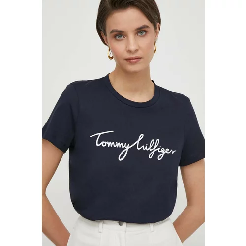 Tommy Hilfiger Bombažna kratka majica ženski, mornarsko modra barva