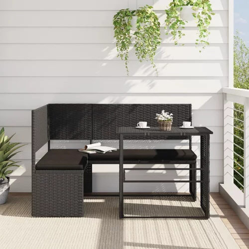 vidaXL Vrtni kavč z mizo in blazinami v obliki črke L črn poli ratan