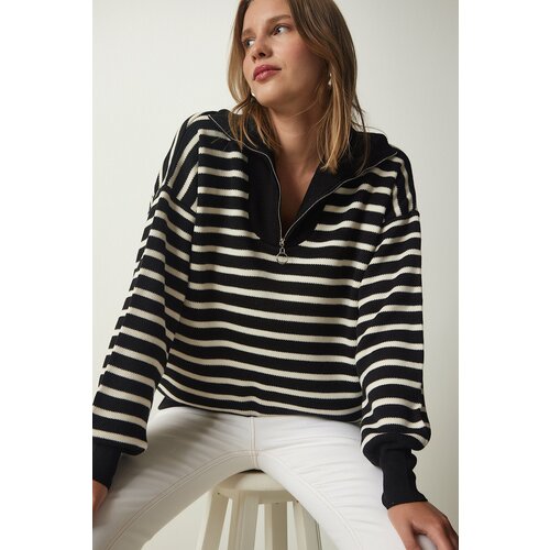 Happiness İstanbul Women's Black Striped Zipper Collar Knitwear Sweater Slike
