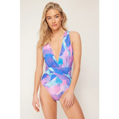Trendyol Abstract Patterned Deep Decollete Draped Swimsuit
