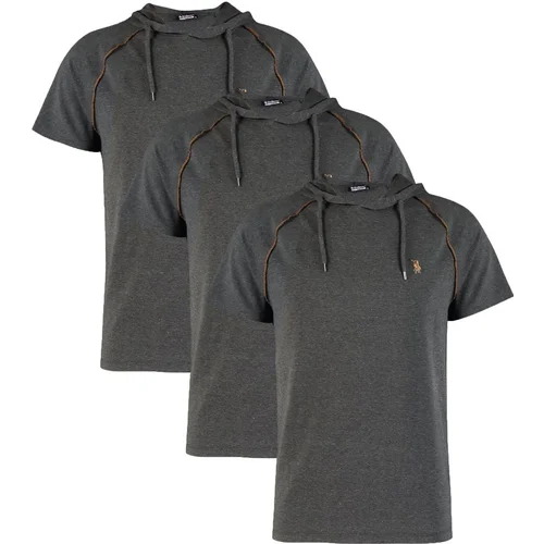 Dewberry TRIPLE SET T8570 HOODED MEN'S T-SHIRT-ANTHRACITE-ANTHRACITE-ANTHRACITE