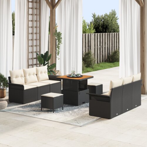  9-dijelni vrtni set sofa s jastučićima crni poli ratan acacia Cene