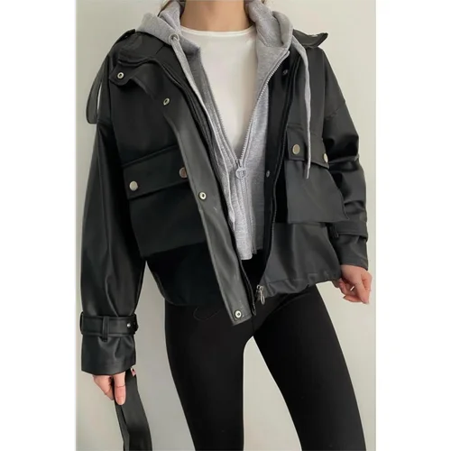 Dewberry 38887 Grey Hooded Women PU Jacket-BLACK