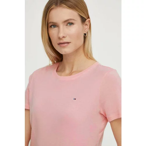Tommy Jeans Bombažna kratka majica ženski, roza barva
