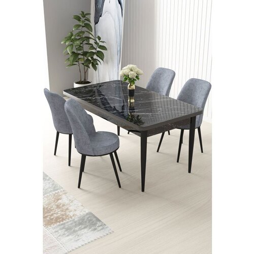 Hanah home Nil - Black Marble, Grey Black MarbleGrey Dining Table & Chairs Set (5 Pieces) Cene