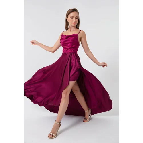 Lafaba Women's Plum Evening Dress with a Slit Satin Evening &; Prom Dress.