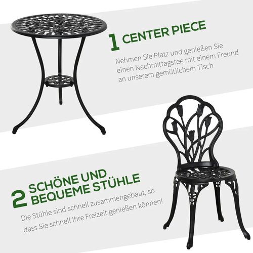  Vodootporni bistro set za 2 osobe: 1 stol + 2 stolice s otvorom za suncobran pogodan za vi&amp;scaron;e lokacija aluminij crna Slike