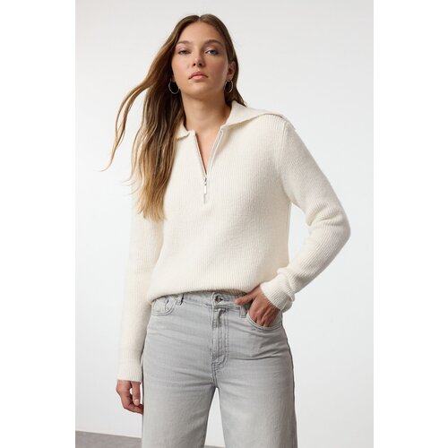 Trendyol Ecru Wool Wide Pattern Turn-down Collar Zippered Knitwear Sweater Cijene