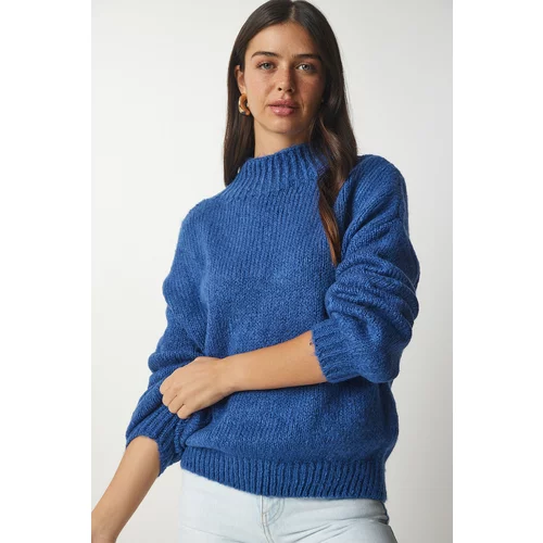 Happiness İstanbul Women's Blue Stand-Up Collar Basic Knitwear Sweater