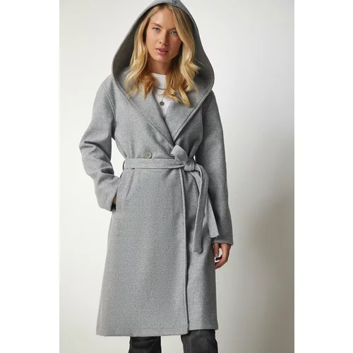 Happiness İstanbul Women's Gray Hooded Belted Cachet Coat