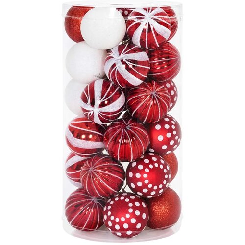 Set božićnih kuglica 30 kom. Crvena i bijela &amp;Oslash; 6 cm Plastika - Crvena i bijela (geometrijski motiv) Slike