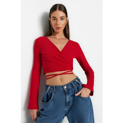 Trendyol Red Corded Fitted/Simple Long Sleeve Double-breasted Crop Cotton Stretch Knit Blouse