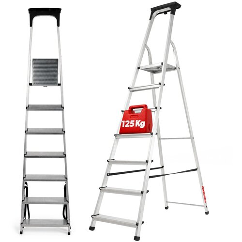 KADAX Aluminijasta gospodinjska lestev s 7 stopnicami, zložljiva polica, 125 kg, poljski izdelek, (5000346194) Cene