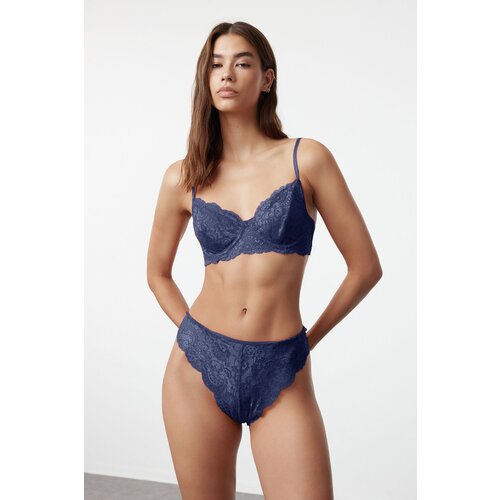 Trendyol Navy Blue Lace Rope Strap Underwire Coverless Knitted Underwear Set Slike