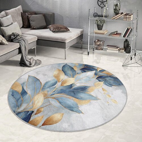 Mila Home modra/zlata pralna okrogla preproga &amp;oslash; 100 cm golden leaves &amp;ndash; Slike
