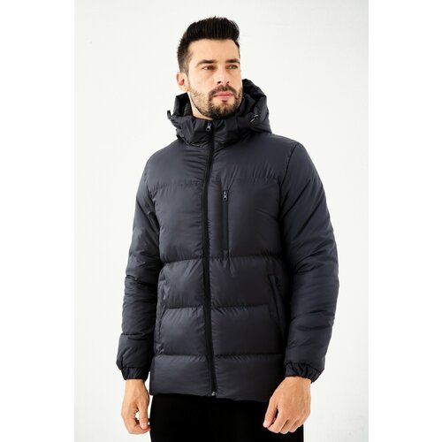River Club Men's Navy Blue Thick Lined Hooded Water And Windproof Inflatable Winter Coat Cene