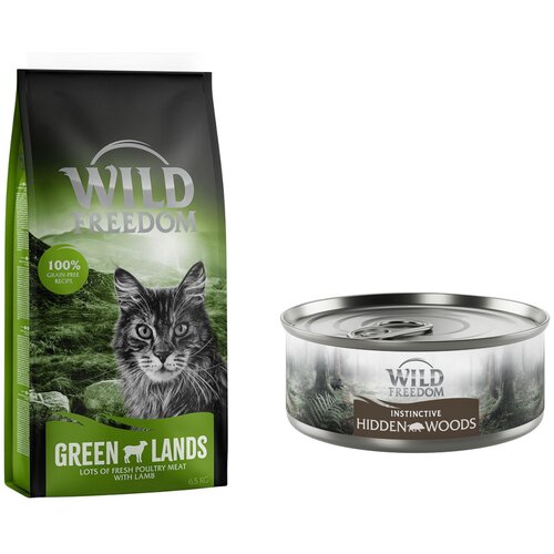 Wild Freedom suha mačja hrana 6,5 kg + WF Instinctive mokra mačja hrana 6 x 70 g po posebni ceni! - Adult "Green Lands" z jagnjetino - recept brez žit 6,5 kg + Instinctive Hidden Woods - divja svinja 6 x 70 g Cijene