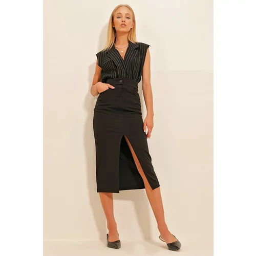 Trend Alaçatı Stili Women's Black Slit Midilength Skirt