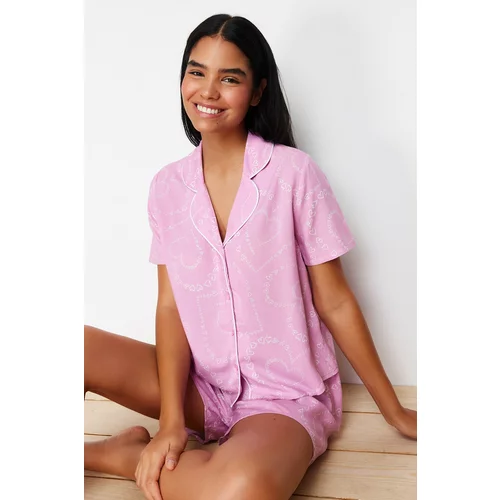 Trendyol Pink Heart Piping Detailed Viscose Woven Pajamas Set