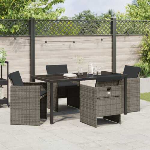 VidaXL 5-dijelni set za objedovanje u vrtu s jastučićima, siva poli ratan, vrtni stol, crn 160x80x73 cm od kaljenog stakla Slike