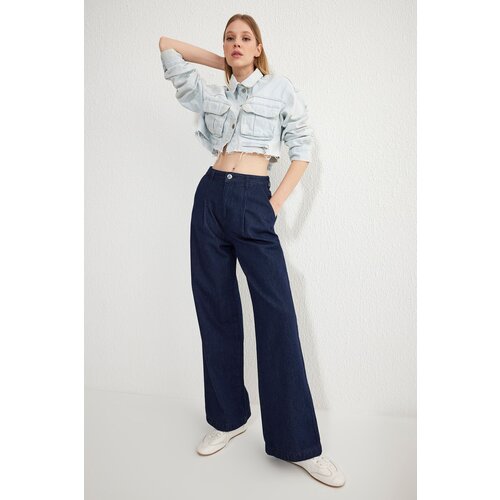 Trendyol Dark Blue Pleated High Waist Wide Leg Jeans Slike