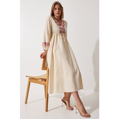 Women's Cream Embroidery Detailed Oversize Linen Dress Slike