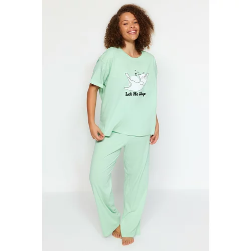 Trendyol Curve Plus Size Pajama Set - Green - Graphic