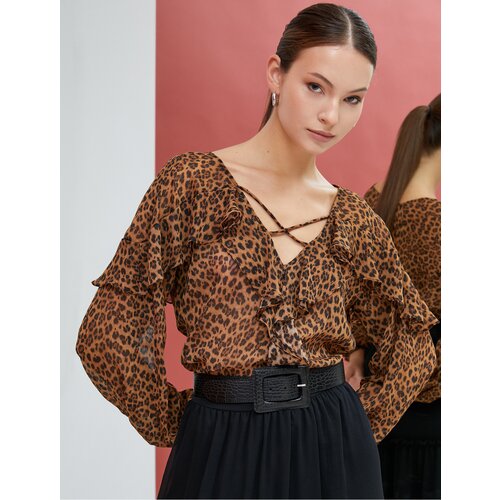 Koton Leopard Pattern Blouse Chiffon Long Sleeve Ruffle V Neck Slike