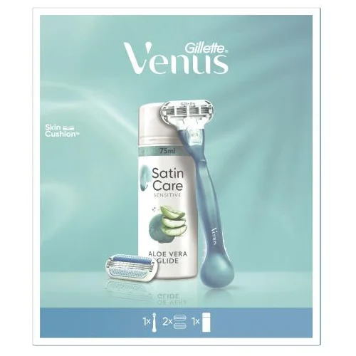 Gillette Venus Set brivnik Venus Smooth 1 kos + nadomestne britvice 1 kos + gel za britje Satin Care Sensitive Aloe Vera 75 ml za ženske