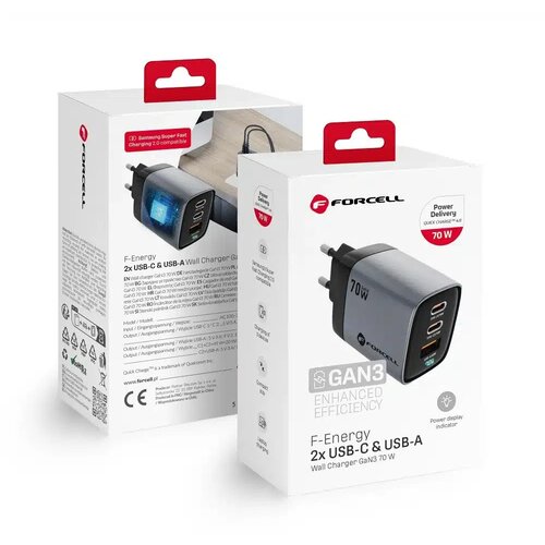 forcell F-ENERGY GaN III VT-37 mrežni punjač s LCD zaslonom 2 x Type C + USB A PD QC4.0 SAM SFC2.0 3.45A 70W sivi Cijene