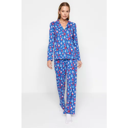 Trendyol Blue 100% Cotton Christmas Themed Shirt-Pants and Knitted Pajamas Set