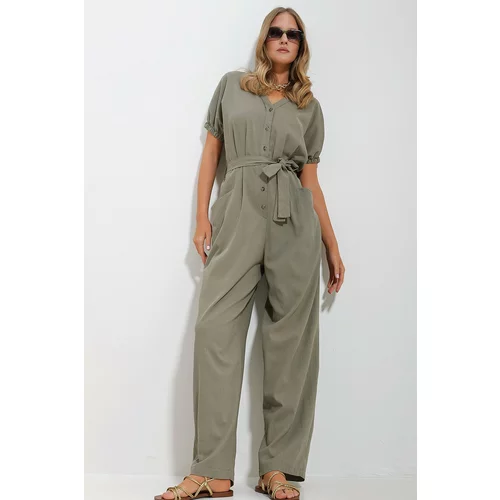 Trend Alaçatı Stili Women's Khaki Front Buttoned Double Pocket Mikanos Linen Jumpsuit