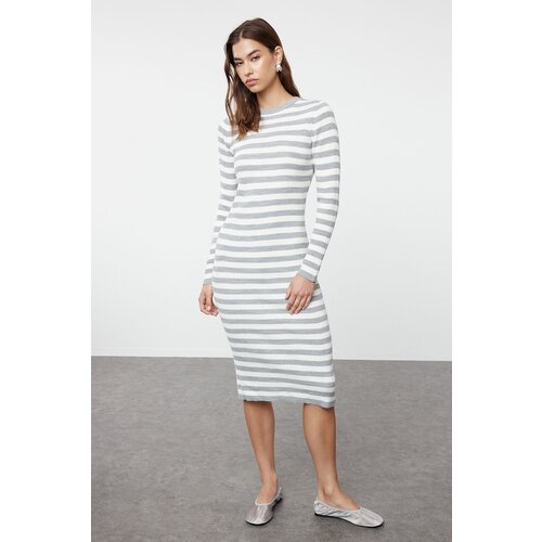 Trendyol Gray Midi Knitwear Basic Striped Dress Slike