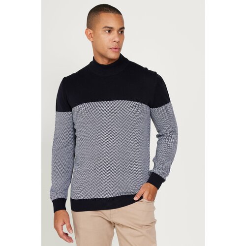 ALTINYILDIZ CLASSICS Men's Navy Blue-Cream Standard Fit Normal Cut Half Turtleneck Patterned Knitwear Sweater. Cene