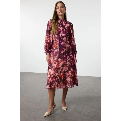 Trendyol Multicolored Floral Patterned A-Line Scarf Collar Lined Chiffon Midi Woven Dress