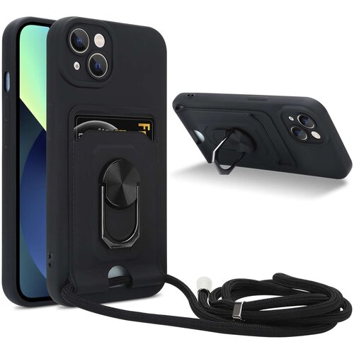 Cadorabo Verižica za mobilni telefon s funkcijo stojala, združljiva z Apple iPhone 13 v črna barvi - silikonski za&amp;scaron;čitni pokrov z nastavljivim trakom, (20860165) Slike