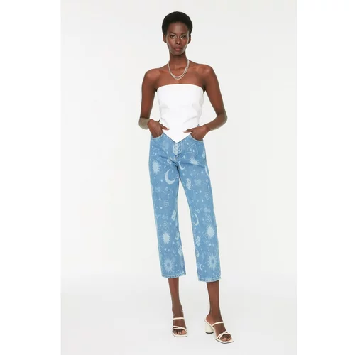 Trendyol Blue Printed High Waist Straight Fit Jeans