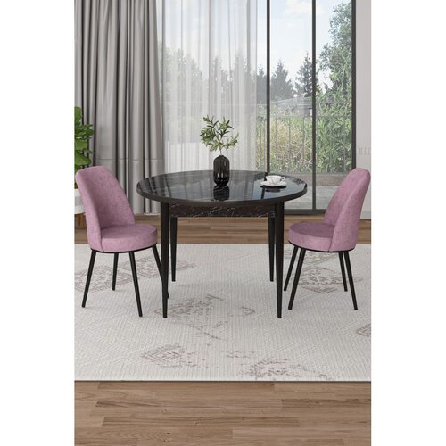 Hanah home trpezarijski set Tor, sto i 2 stolice, ploča u dekoru crnog mermera, roze tkanina Babyface Slike