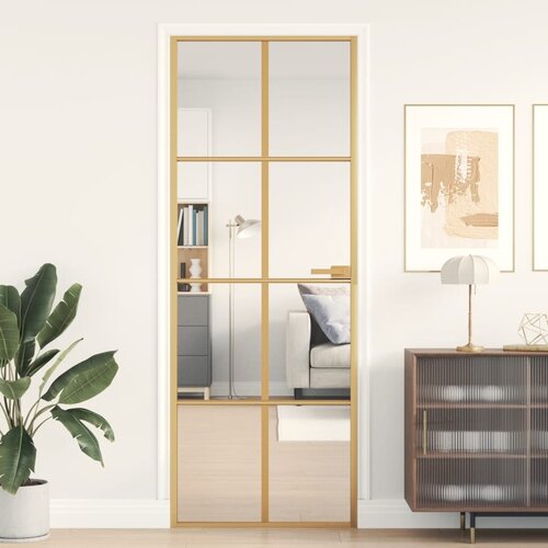 vidaXL Notranja vrata ozka zlata 76x201,5cm kaljeno steklo in aluminij Cene