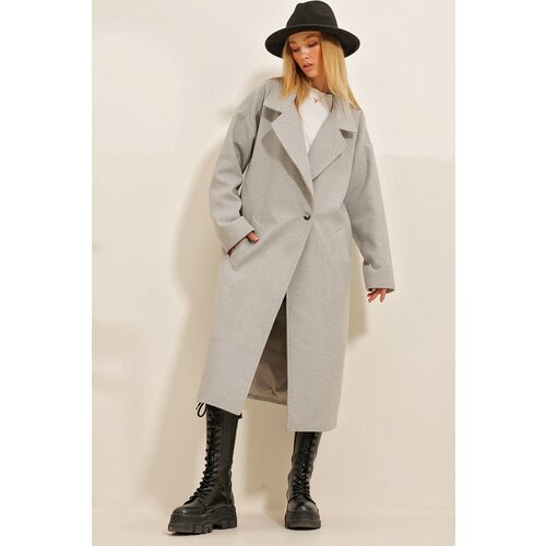 Trend Alaçatı Stili Women's Gray Double Breasted Collar Double Pocketed Lined Stamped Coat Cene