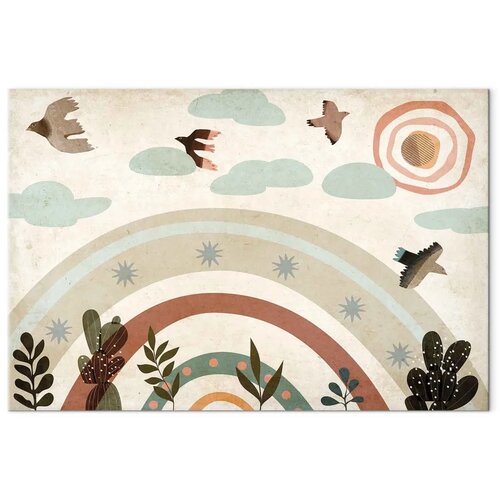  Slika - Rainbow and Sun Above - Birds in Subdued Colors Flying Among Clouds Above a Rainbow and Various Plants on a Light Backgr Slike