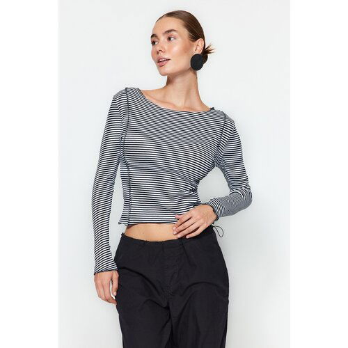 Trendyol Black Striped and Ribbed Ribbed Fitted/Slippery Knitted Blouse Slike