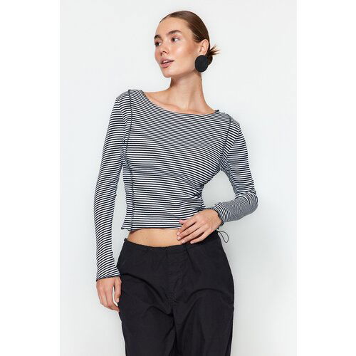 Trendyol Black Striped and Ribbed Ribbed Fitted/Slippery Knitted Blouse Cene