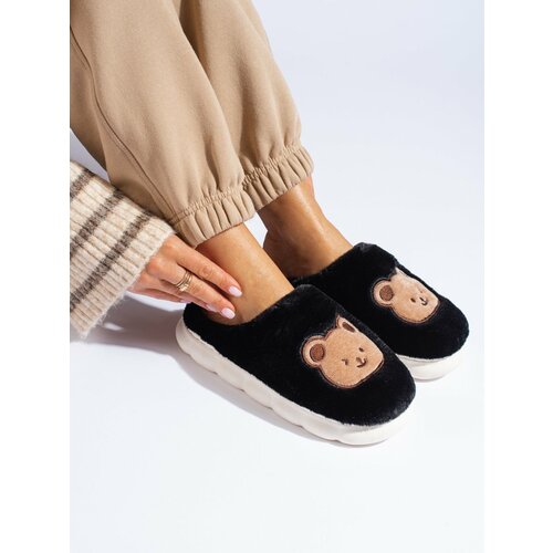 SHELOVET Black fur slippers with bear Cene