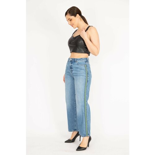 Şans Women's Blue Plus Size Jeans with Side Stripes, 5 Pockets Cene