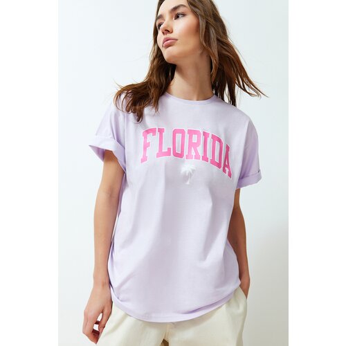 Trendyol Lilac Oversize Printed Crew Neck Short Sleeve Knitted T-Shirt Slike