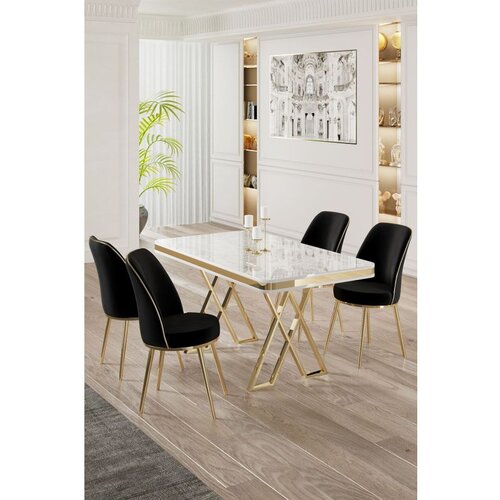 Hanah home Vals - White, Gold, Black WhiteGoldBlack Dining Table & Chairs Set (5 Pieces) Cene