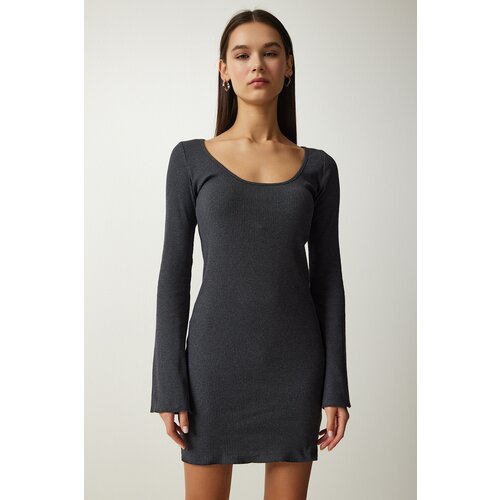 Happiness İstanbul Women's Gray Boat Neck Ribbed Saran Knitted Dress Slike